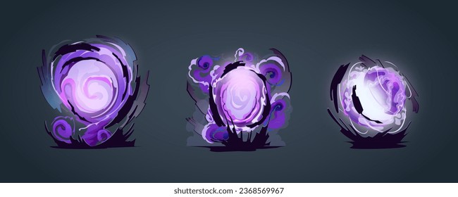 Energy visual effects set. Set of explosions in cartoon style. Funnel, storm, portal, spherical explosion. Plasma rotation, energy weapons, lightning bolt. Fantasy, Sci-fi, vector illustration.