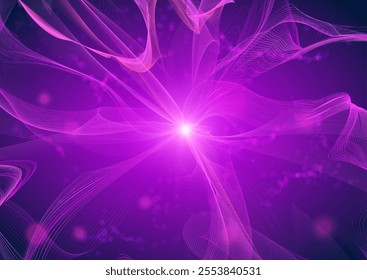 Energy waves flow from the light center, many lines purple gradient on dark. Abstract wavy stripes, radial blend line art. Vector chaotic curvy dynamic sound waves. Realistic electronic signal motion