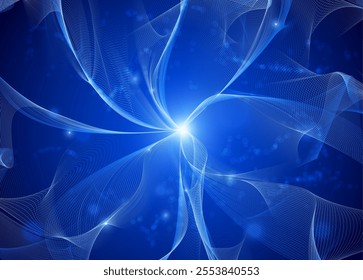 Energy waves flow from the light center, many lines gradient on blue. Abstract wavy stripes, radial blend line art. Vector chaotic curvy dynamic sound waves. Realistic electronic signal motion