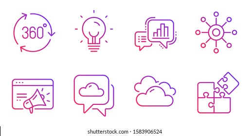 Energy, Weather forecast and 360 degree line icons set. Graph chart, Seo marketing and Cloudy weather signs. Multichannel, Puzzle symbols. Lightbulb, Cloudy. Science set. Gradient energy icon. Vector