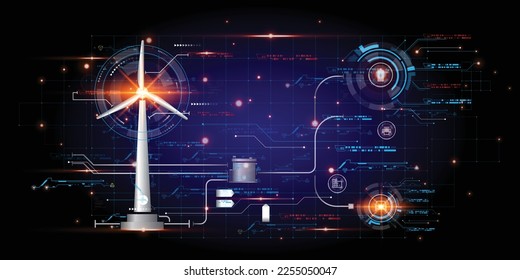 Energy from a wind turbine will be displayed in virtual reality with a futuristic hologram display. Sci-Fi Picture HUD, GUI, and UI futuristic data display, technology-heavy screen