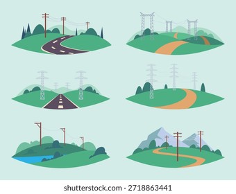 Energy wire. Landscape backgrounds with high voltage towers urban infrastructure outdoor in valley exact vector pictures of energy network