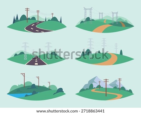Energy wire. Landscape backgrounds with high voltage towers urban infrastructure outdoor in valley exact vector pictures of energy network