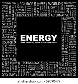 ENERGY. Word collage on black background. Illustration with different association terms.