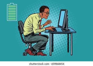 Energy for work, office businessman at computer. African American people. Pop art retro vector illustration