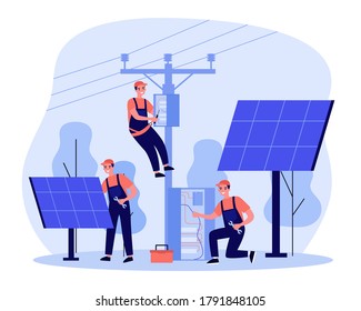 Energy workers servicing solar power plant. Men repairing boxes with cords on tower under electric power transmission lines. Vector illustration for maintenance, renewable energy, engineering concept