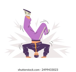 La energía del breakdancing juvenil se captura en los gráficos de Vector. Ilustración de un hombre que realiza una pose deportiva de cabecera de baile callejero sobre un fondo blanco