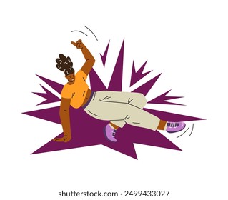 The energy of youth breakdancing is captured in vector graphics. A young woman performing sporty street dance poses on a white background expressing freedom