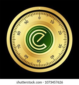 Energycoin (ENRG) cryptocurrency safe lock. Eps10 vector illustration isolated on black background.