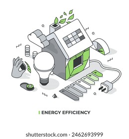 Energieeffizientes Haus mit Solarpaneelen, smarten Technologiesymbolen, Zertifizierungssystemkarte und einer grünen Umgebung. Konzept des isometrischen Stils