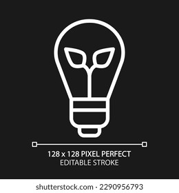 Icono lineal blanco perfecto para el tema oscuro en píxeles de bombilla de bajo consumo energético. Bombilla eléctrica para casa. Equipo ecológico. Ilustración de línea delgada. Símbolo aislado para el modo nocturno. Trazo editable