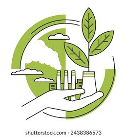 Energieeffiziente Fertigungs-Dekoration in dünner Linie und grüner Farbe - Umweltfreundliche Industrieanlage in der Hand. Isolierte Vektorgrafik