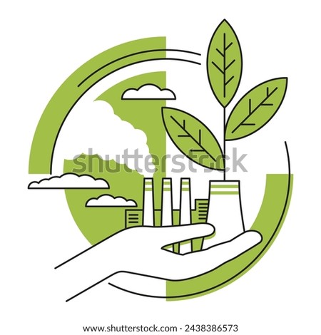 Energy-Efficient manufacturing decoration in thin line and green color - Eco-Friendly industrial plant in Hand. Isolated vector illustration