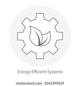 Energy-Efficient Systems Icon – Leaf Over Gear, Representing Eco-Friendly Smart Solutions.