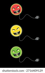 energy-guzzling icons, energy eater head-graphics, with cable glow in the dark