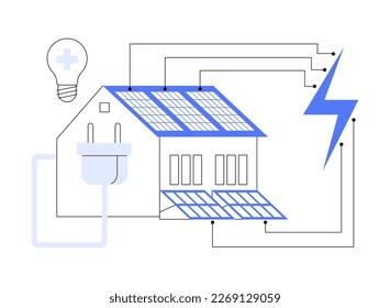 Abstraktes Konzept von Energy-Plus-Haus, Vektorgrafik. Nullenergiegebäude, Passivhaus mit niedrigem Energieverbrauch, Bauindustrie, Haus mit Effizienzgewinn, abstrakte Metapher mit erneuerbaren Energiequellen.