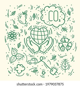 Energy-saving background ecology. The pattern is a hand-drawn line of doodle icons for textiles. Cute poster of solar energy, eco, bio, water, carbon. Vector illustration