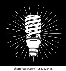 Energy-saving bulb. Hand drawn vector illustration with Light bulb and divergent rays. Used for poster, banner, t-shirt print, bag print, badges and logo design