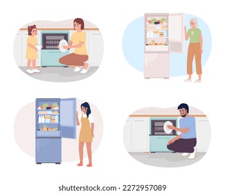 Energy-saving kitchen appliances usage 2D vector isolated spot illustration pack. Electronics. Flat characters on cartoon background. Colorful editable scene set for mobile, website, magazine