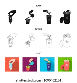 Energy-saving light bulb, watering a houseplant and other web icon in black,flat,outline style. garbage can with waste and garbage icons in set collection.