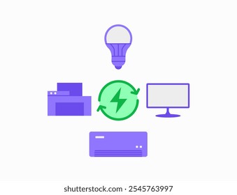 Ilustração do equipamento de escritório com economia de energia. Ilustração do ícone de local de trabalho sustentável. Ícone de dispositivos de escritório sustentáveis.