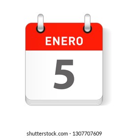 Enero 5, January 5 date visible on a page a day organizer calendar in spanish Language