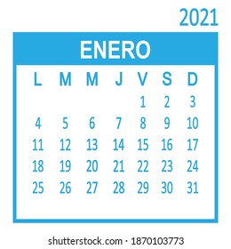 Enero January. First page of set. Spanish calendar 2021, template. Week starts on Lunes Monday. Vector illustration