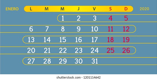 Enero ( January ) Page 01 Month Premium 2020 Year Calendar Stylish Grid Spanish Classic Style. Luxury template vector design