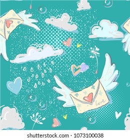 Enevelope flying hearts dandelion clouds raindrops Doodle love seamless pattern for Valentines Day