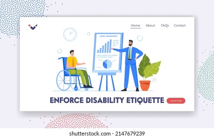Aplicar la plantilla de la página de inicio de etiqueta de discapacidad. Presentación del Seminario de Empresario con Personaje de Sillón de Ruedas con Personaje de Sillón, Información Financiera. Ilustración de vectores de personas de caricatura