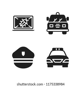 enforcement icon. 4 enforcement vector icons set. police hat, crime and police car icons for web and design about enforcement theme