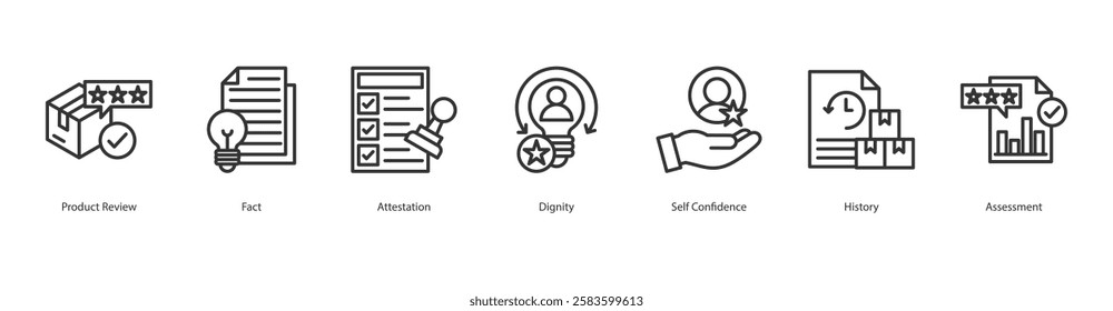 Enforcement Verification Icon Sheet Product Review, Fact, Attestation, Dignity, Self Confidence, History, Assessment