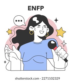 ENFP MBTI type. Charcter with the extraverted, intuitive, feeling, and prospecting personality traits. Human personality psychological test. Personal and professional growth. Flat vector illustration