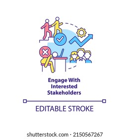 Engage With Interested Stakeholders Concept Icon. Stakeholder Engagement Abstract Idea Thin Line Illustration. Isolated Outline Drawing. Editable Stroke. Arial, Myriad Pro-Bold Fonts Used