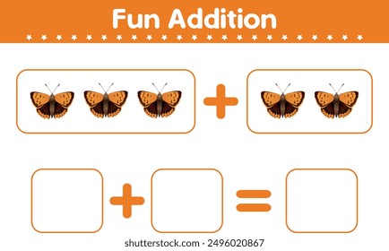 Engage kids in fun math with our 'Education Game for Children.' This worksheet features vibrant cartoon butterflies for counting and addition, making learning enjoyable and interactive.