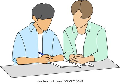 Tauchen Sie ein in sinnvolle Diskussionen mit zwei jungen Menschen in der Freizeitgestaltung, während sie sich in verschiedene Themen eingliedern und so einen lebhaften Ideenaustausch fördern. Illustration im Cartoon-Stil.