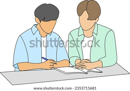 Engage in meaningful discussions with two young individuals in casual attire as they delve into various topics, fostering a vibrant exchange of ideas. Cartoon style illustration.
