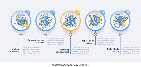 Involucrar más consumidores en plantilla de infografía de círculo. Generar clientes potenciales. Visualización de datos con 5 pasos. Gráfico de información de línea de tiempo editable. Diseño de flujo de trabajo con iconos de línea. Negrita Lato, fuentes regulares usadas