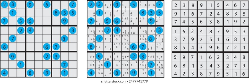 Engage your audience with this set of medium difficulty Sudoku puzzles! This illustration features a clean and modern vector design, perfect for worksheets, printables, or online applications.