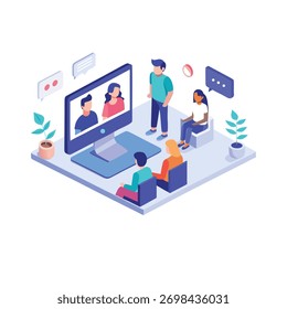 Bringen Sie Ihr Publikum mit dieser lebendigen, isometrischen 3D-Illustration eines Online-Meetings, das perfekt für Remote-Arbeit und virtuelle Kollaborationskonzepte geeignet ist.