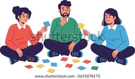 Engaged adults playing a memory game with colored squares, Group of people solving a matching puzzle, seated cross-legged on the floor