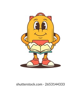 O mascote da mochila engajado segura um livro aberto com as duas mãos, mostrando foco e curiosidade. Excelente para materiais educacionais, plataformas de aprendizagem e visuais com temas de alunos. ilustração vetorial