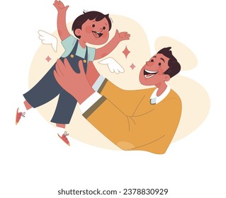 Engaged or committed fatherhood. Dad play with his little preschool or toddler son. Father lifting up a boy. Emotional attachment, childhood with father' involvement. Flat vector illustration.