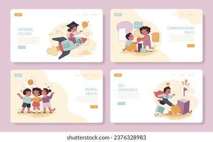 Engaged or committed fatherhood web banner or landing page set. Childhood with father' involvement. Child growing up in happy loving family. Positive parenting impact. Flat vector illustration.