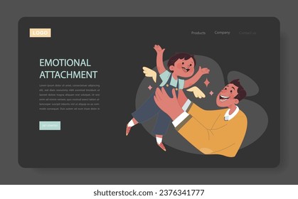 Engaged or committed fatherhood web banner or landing page. Dad play with his little son. Father lifting up a boy. Emotional attachment, childhood with father' involvement. Flat vector illustration.