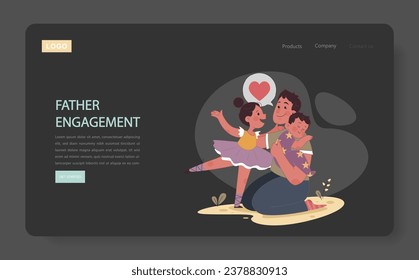 Engaged or committed fatherhood web banner or landing page. Dad hug his son and daughter, little preschool girl and toddler boy. Childhood with father' involvement. Flat vector illustration.