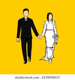 engaged couple faceless wedding couple walking hand in hand vector illustration