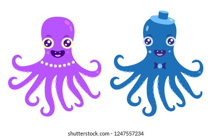 Engaged couple of octopuses are smiling and happy