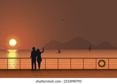 Pareja comprometida en la cubierta de un crucero, vista desde el barco hasta el mar o el océano al fondo de una puesta de sol con veleros, montañas y aves, ilustración vectorial de recién casados en vacaciones