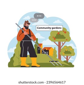 Engaged gardener promotes community gardens. Standing amidst green trees near city buildings, he encourages urban green spaces. Collective farming initiative. Flat vector illustration